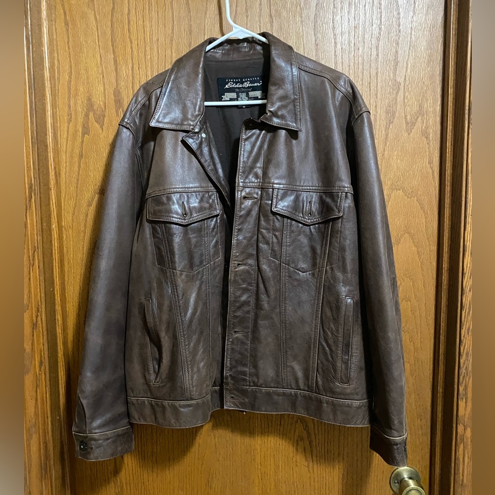 EUC Vintage 90’s Eddie Bauer Men’s Brown Leather Trucker Jacket XL